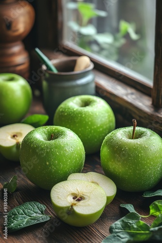 Fresh green apples surrounded by spinach leaves and a laptop on a dark countertop photo