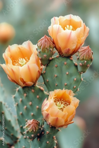 Bright yellow cactus flowers bloom against a textured gray background