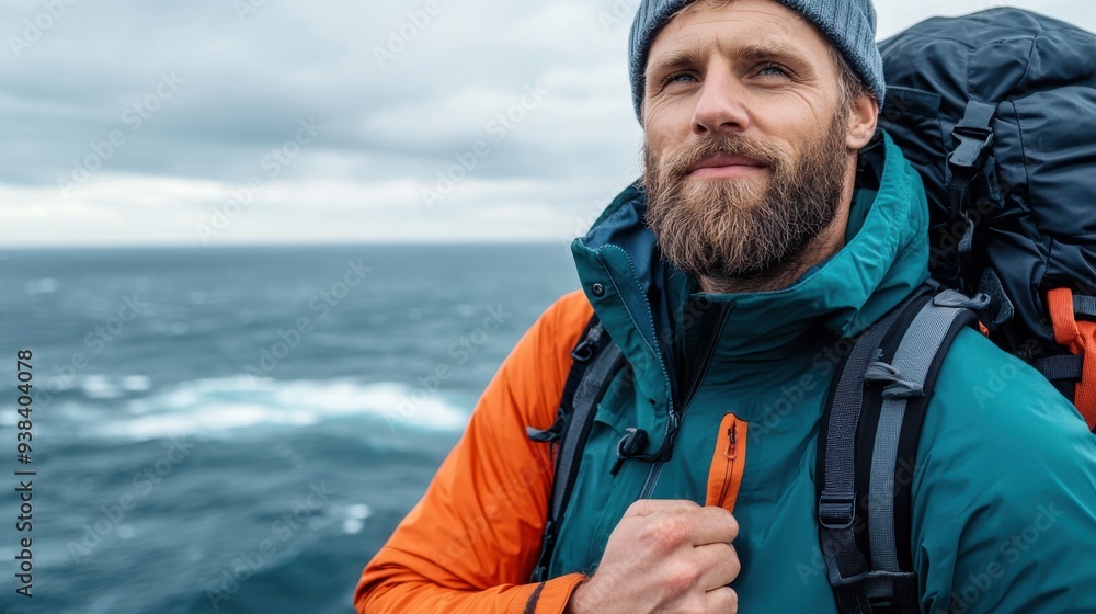 A confident male hiker dressed in a green and orange jacket with a backpack, standing by the seaside with an expression of determination and enjoying the outdoor adventure. A confident male hiker dressed in a green and orange jacket with a backpack, standing by the seaside with an expression of determination and enjoying the outdoor adventure.