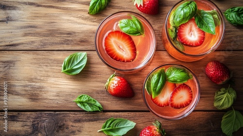 Refreshing strawberry basil drinks on a wooden table with fresh ingredients