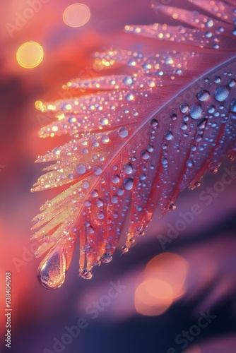 Dewdrop resting on a delicate feather with soft bokeh background in warm tones