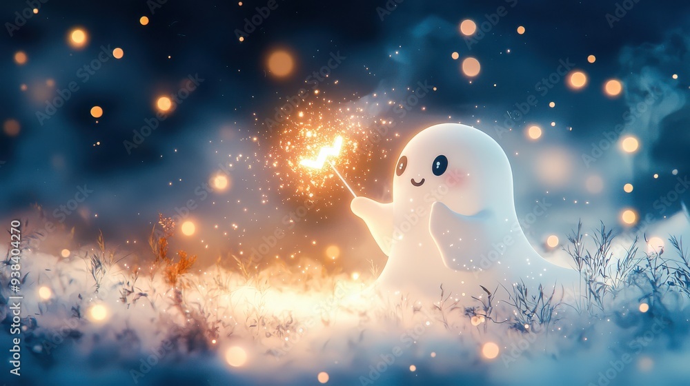 A cute ghost writes messages in the sky with a sparkling wand, creating a soft and whimsical atmosphere. A cute ghost writes messages in the sky with a sparkling wand, creating a soft and whimsical atmosphere.