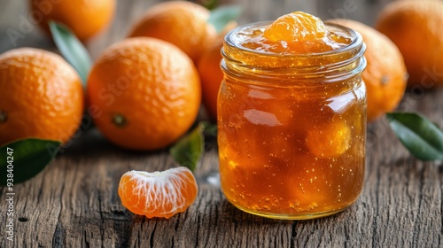 Homemade tangerine jam with fresh fruit on a wooden table