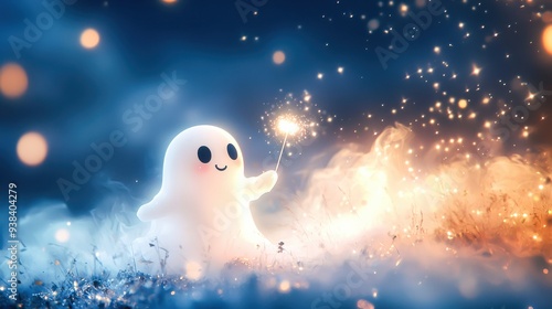 A cute ghost writes messages in the sky with a sparkling wand, creating a soft and whimsical atmosphere.