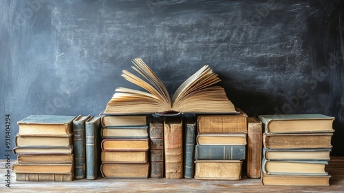 Stacked old books with an open book on top against a chalkboard background