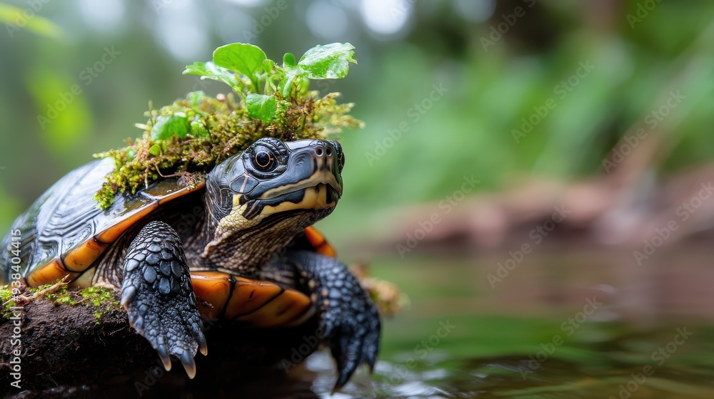 Fototapeta premium A turtle with plants growing on its moss-covered shell sits by the water, beautifully illustrating the harmony between wildlife and its rich, lush natural environment.