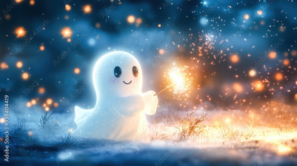 Obraz premium A cute ghost writes messages in the sky with a sparkling wand, creating a soft and whimsical atmosphere.