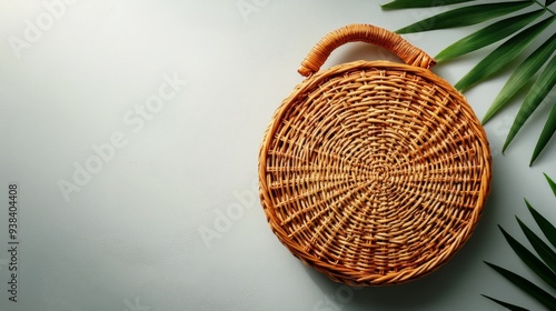 Woven round basket on a light background with green palm leaves beside it photo