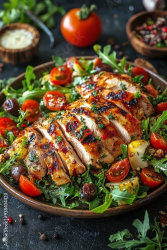 Grilled chicken salad with fresh vegetables and herbs on a wooden table