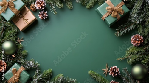 Festive holiday decorations with green gifts and pine cones on a dark green b...