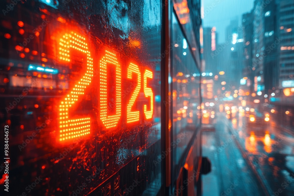 Red sign that says 2025 on a rainy day, new year 2025 Red sign that says 2025 on a rainy day, new year 2025