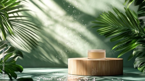 Natural skincare product displayed on a bamboo stand surrounded by lush green...