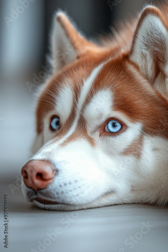 Grey and white husky with blue eyes resting indoors in bright natural light