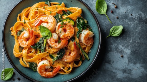 Shrimp fettuccine with spinach and tomatoes served on a dark plate