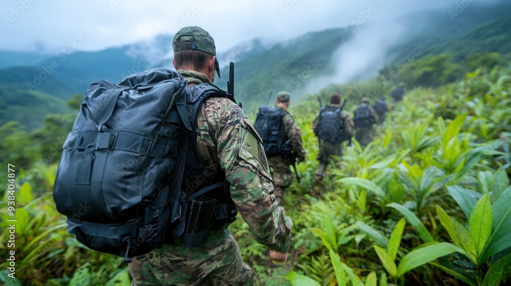 A team of soldiers with large backpacks trek through a lush, green jungle, with mist rising and mountains in the distance, embodying exploration and resilience. A team of soldiers with large backpacks trek through a lush, green jungle, with mist rising and mountains in the distance, embodying exploration and resilience.