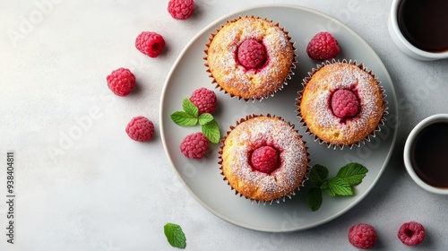 Freshly baked raspberry muffins with a cup of coffee on a textured surface