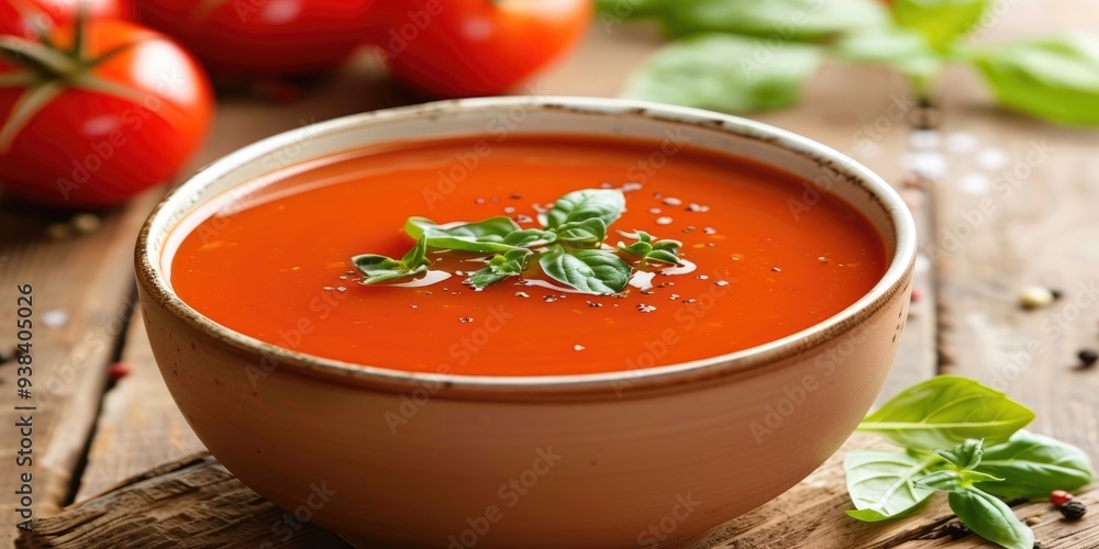 Creamy tomato soup made with fresh vegetables on a wooden surface Creamy tomato soup made with fresh vegetables on a wooden surface