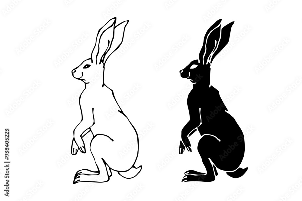 Obraz premium Set of linear sketches, silhouettes of hare, rabbit. Vector graphics.