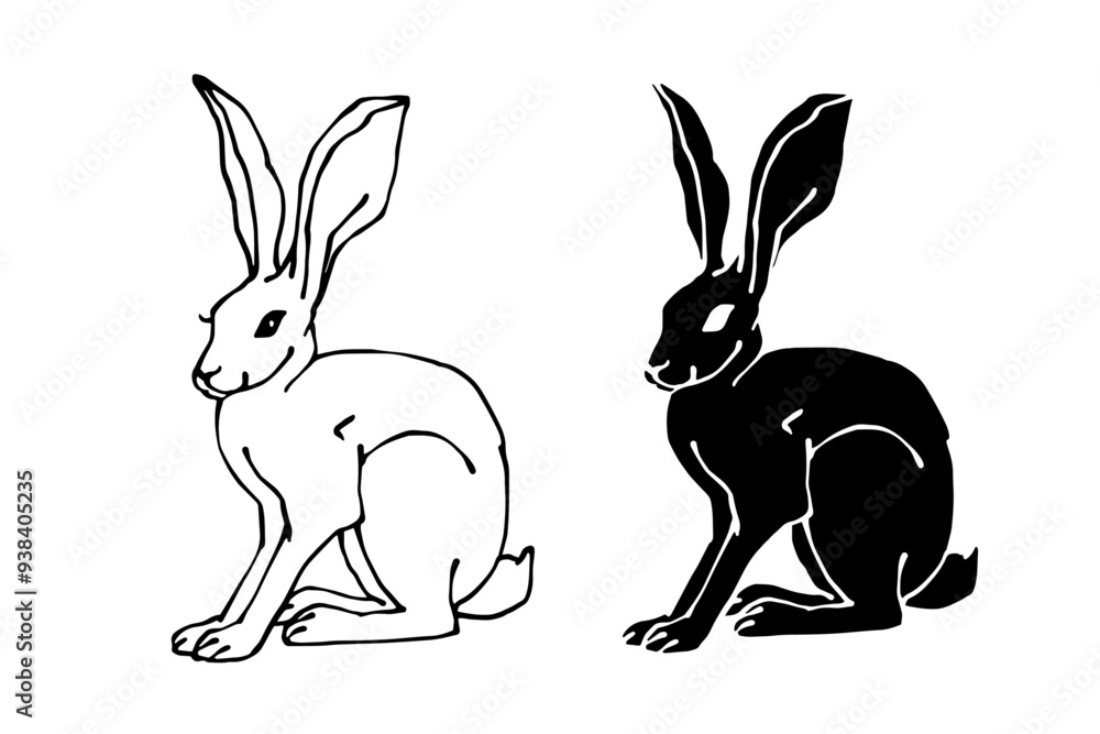 Set of linear sketches, silhouettes of hare, rabbit. Vector graphics. Set of linear sketches, silhouettes of hare, rabbit. Vector graphics.