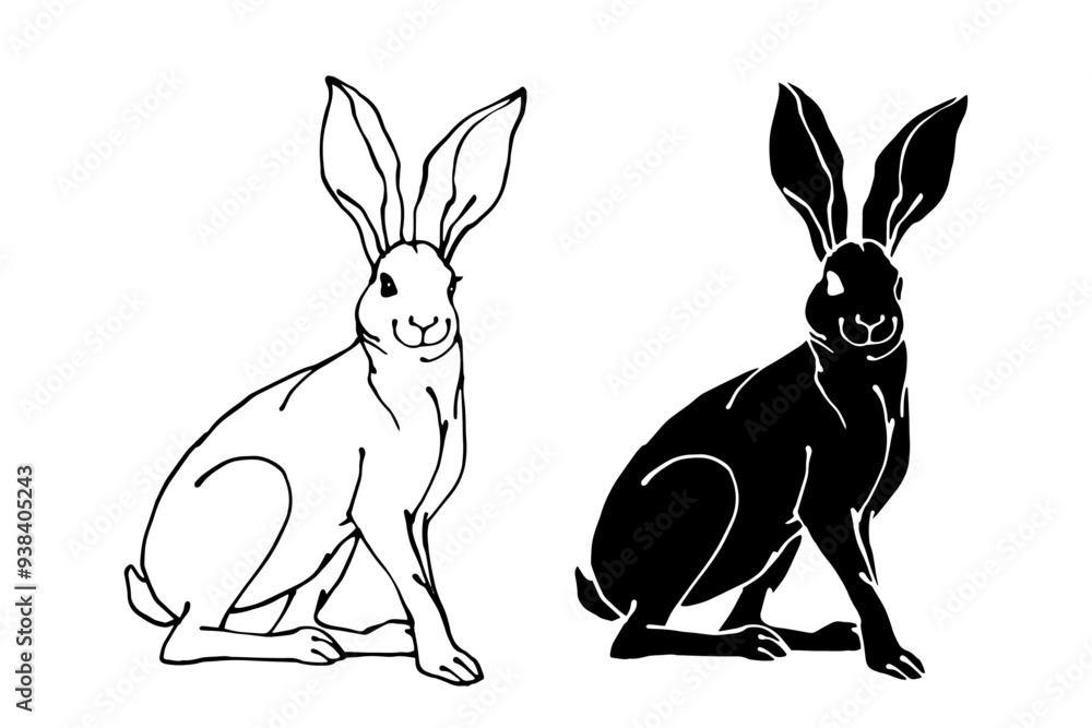 Fototapeta premium Set of linear sketches, silhouettes of hare, rabbit. Vector graphics.