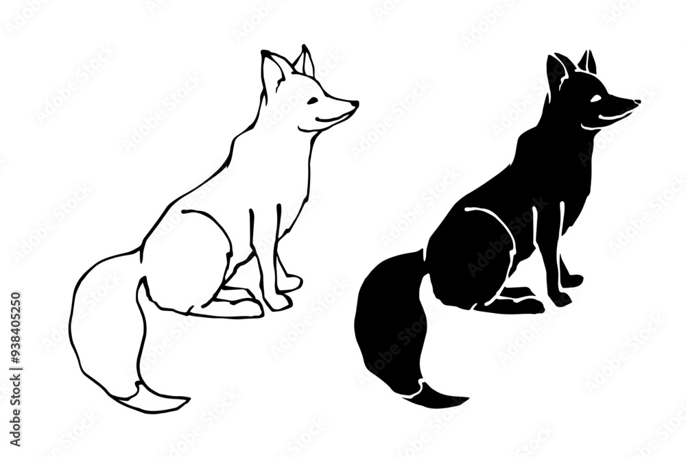 Fototapeta premium Set of linear sketches, silhouettes of a predatory forest animal fox. Vector graphics.