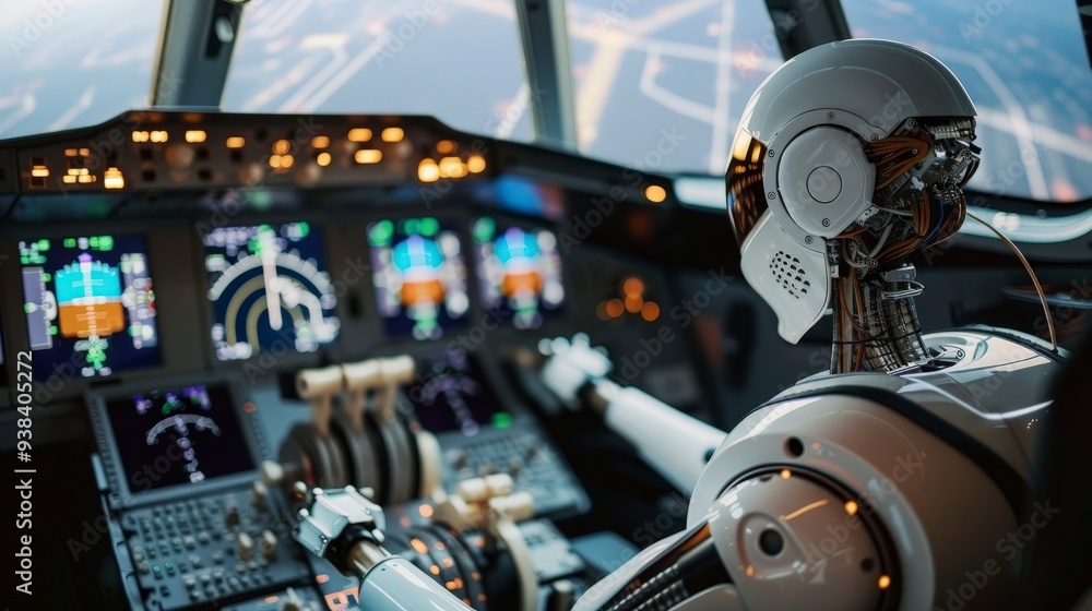 A futuristic robot pilot sits in the cockpit of an airplane, looking out the window with a view of the sky and runway. A futuristic robot pilot sits in the cockpit of an airplane, looking out the window with a view of the sky and runway.