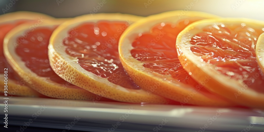 Delicately arranged slices of grapefruit on a white platter. Delicately arranged slices of grapefruit on a white platter.
