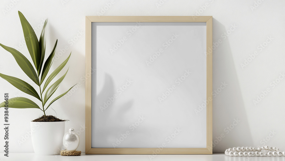 A mockup of an empty light wooden frame leaning against white wall on top of table A mockup of an empty light wooden frame leaning against white wall on top of table