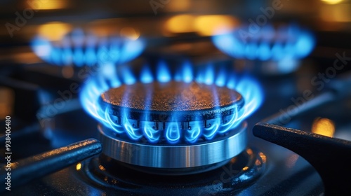 Close-Up of Gas Stove Burner with Vibrant Blue Flame