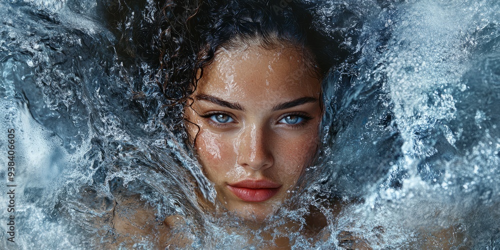 Obraz premium A woman's body surrounded by a cascade of flowing water, symbolizing the cleansing and rejuvenating power of nature.