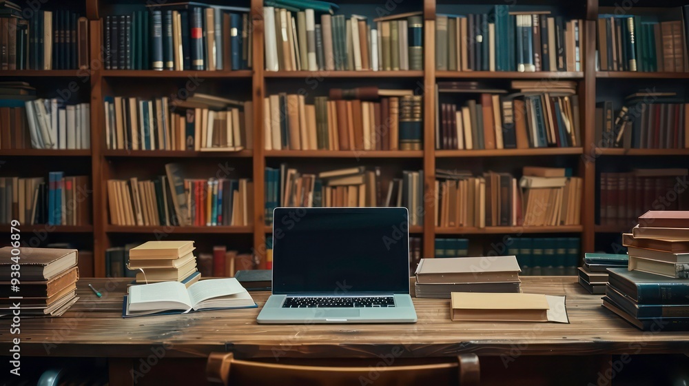 Laptop on a wooden table in front of a bookshelf full of books. Laptop on a wooden table in front of a bookshelf full of books.