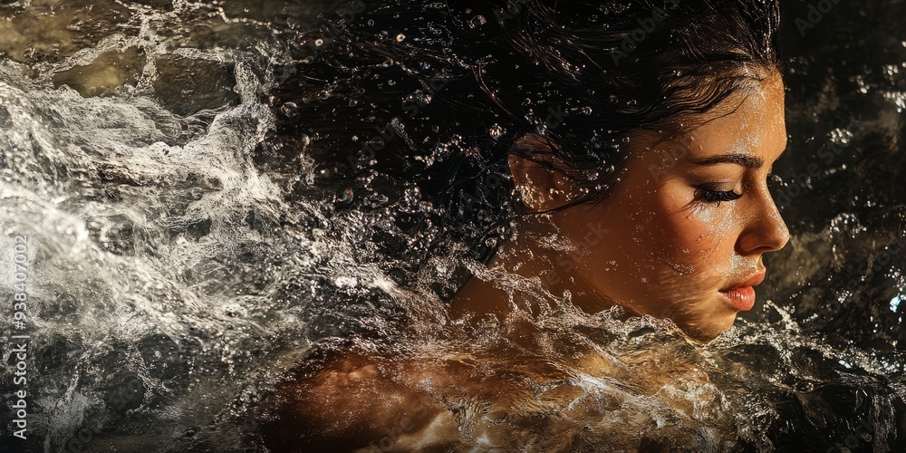 Fototapeta premium A woman's body surrounded by a cascade of flowing water, symbolizing the cleansing and rejuvenating power of nature.