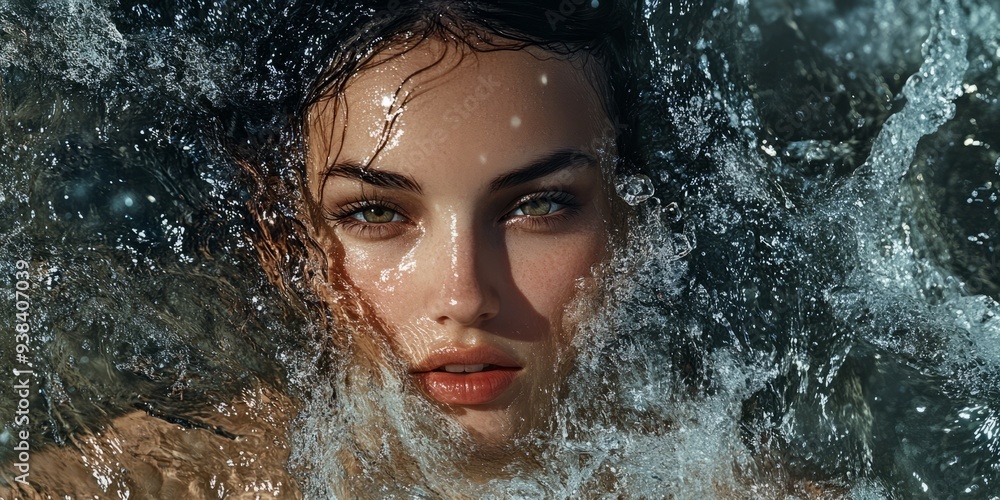 Obraz premium A woman's body surrounded by a cascade of flowing water, symbolizing the cleansing and rejuvenating power of nature.