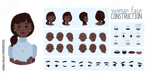 Business woman avatar creation suitable for animation. Generator, constructor of diverse views of eyes, lips, emotion expressions mouth animation and lip sync. Girl character face construction.