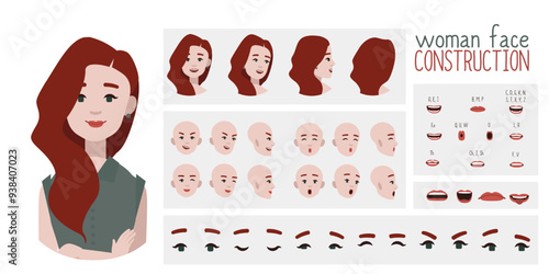 Business woman avatar creation suitable for animation. Generator, constructor of diverse views of eyes, lips, emotion expressions mouth animation and lip sync. Girl character face construction.