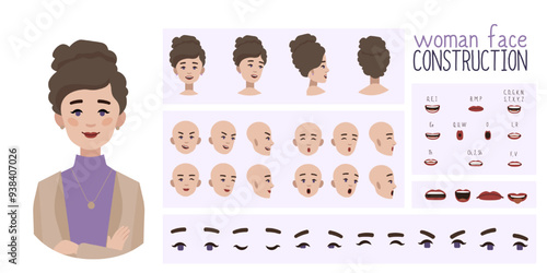 Business woman avatar creation suitable for animation. Generator, constructor of diverse views of eyes, lips, emotion expressions mouth animation and lip sync. Girl character face construction.