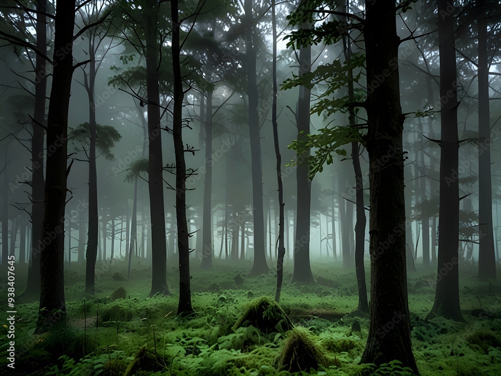 Naklejka premium Misty Forest - Perfect for Nature Art, Calm Atmosphere, and Serene Wall Decor