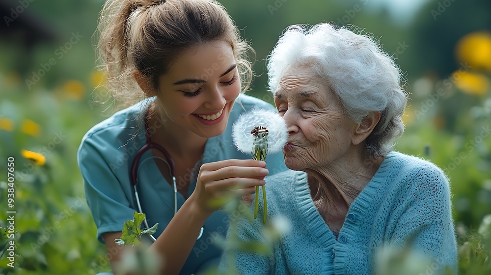 Obraz premium Female caregiver and senior woman in wheelchair holding dandelion, picking wild flowers. Nurse and elderly woman enjoying a warm day in nursing home, public park. 