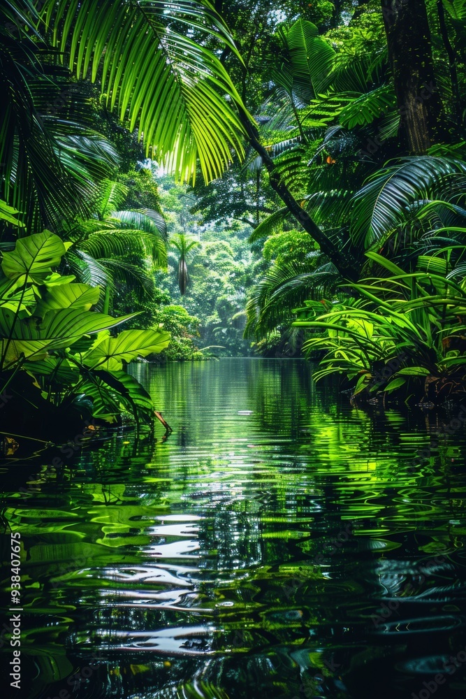 A still and serene river beautifully reflecting the vibrant greens found within a lush tropical rainforest A still and serene river beautifully reflecting the vibrant greens found within a lush tropical rainforest