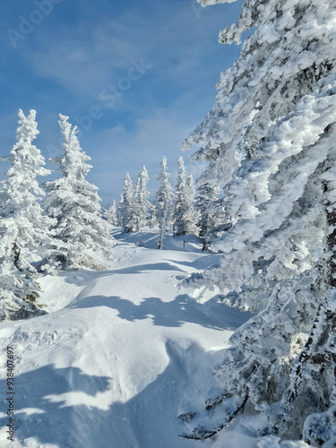 Snowy winter in the ski resort of Sheregesh in Siberia, Russia.
