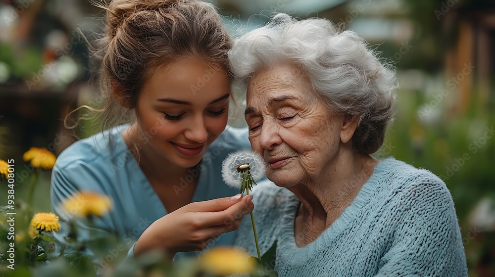 Obraz premium Female caregiver and senior woman in wheelchair holding dandelion, picking wild flowers. Nurse and elderly woman enjoying a warm day in nursing home, public park.