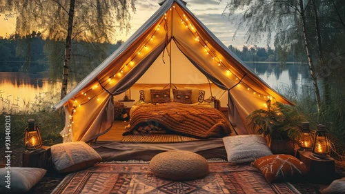 Luxury glamping camping tent with cozy accessories, light garlands and beautiful landscape at sunset. Glamping by night poster. Colorful lights and garlands.