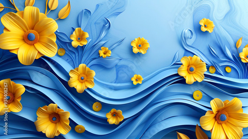 Yellow and blue wavy background in the colours of the Ukrainian flag with flowers. Illustration for banners, posters, postcards.