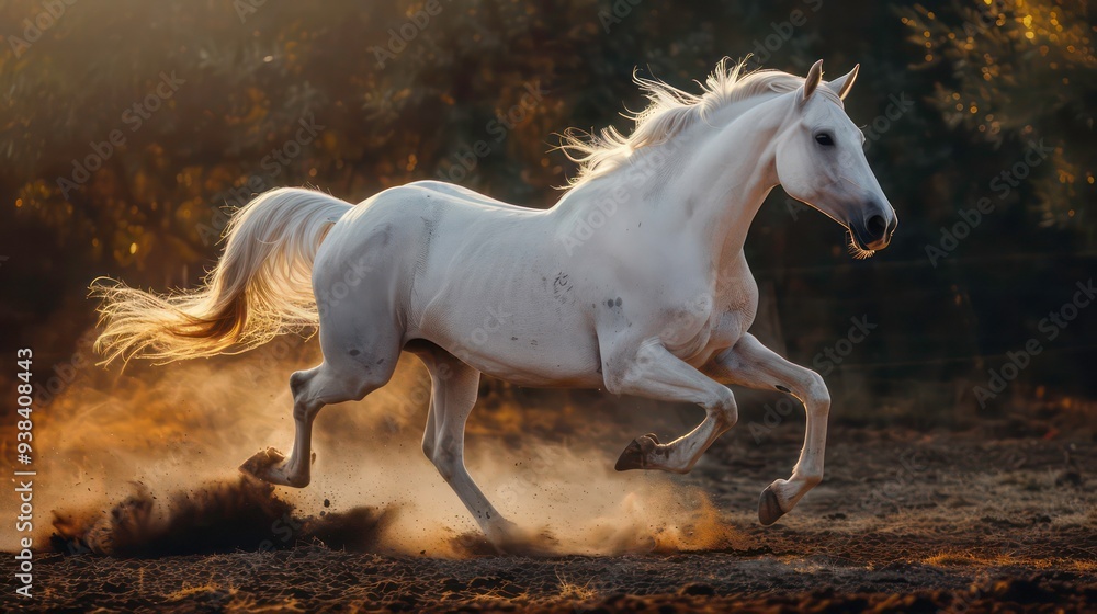 A white horse gallops through a field of tall grass, kicking up dust as the sun shines through the trees. A white horse gallops through a field of tall grass, kicking up dust as the sun shines through the trees.