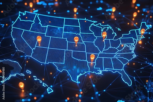  A high-tech, illuminated 3D map of the United States, showcasing various pinpoint locations across the country. The map is vibrant with blue lights highlighting the states' boundaries  photo