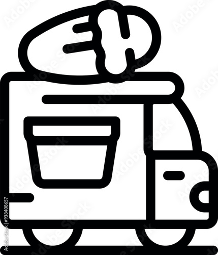 Food truck selling street food with big burger on top line icon