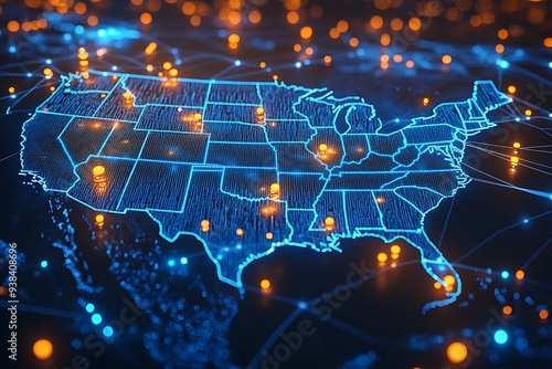  A high-tech, illuminated 3D map of the United States, showcasing various pinpoint locations across the country. The map is vibrant with blue lights highlighting the states' boundaries  photo