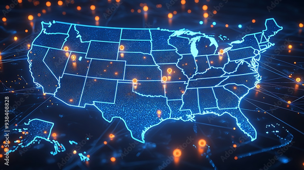 A high-tech, illuminated 3D map of the United States, showcasing various pinpoint locations across the country. The map is vibrant with blue lights highlighting the states' boundaries A high-tech, illuminated 3D map of the United States, showcasing various pinpoint locations across the country. The map is vibrant with blue lights highlighting the states' boundaries