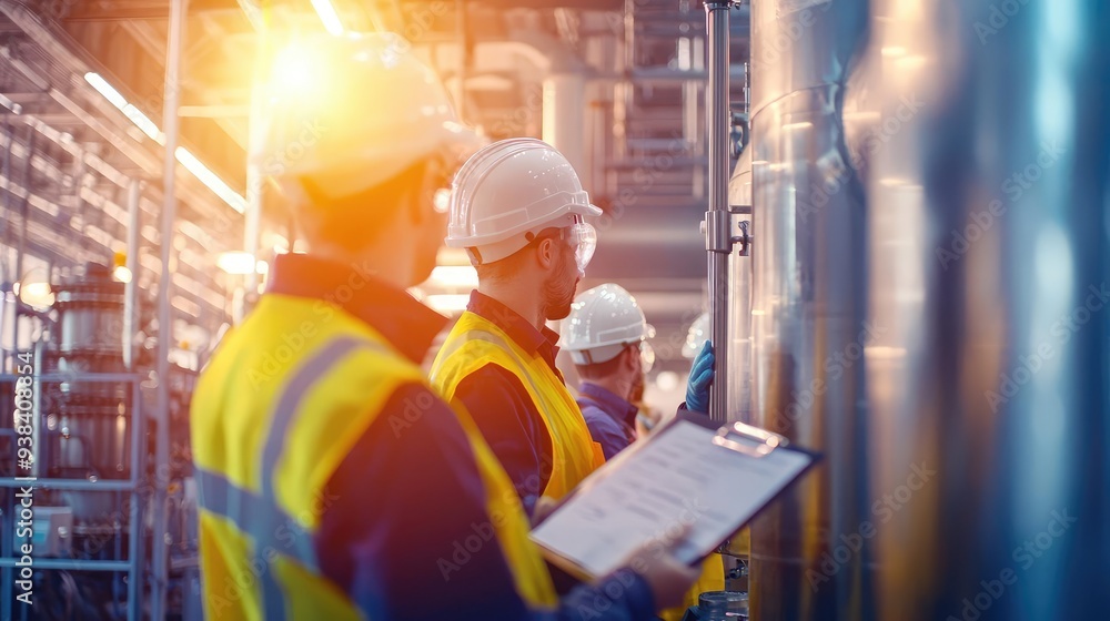 Industrial workers inspecting equipment with clipboard in a factory setting, emphasizing safety and teamwork in manufacturing. Industrial workers inspecting equipment with clipboard in a factory setting, emphasizing safety and teamwork in manufacturing.