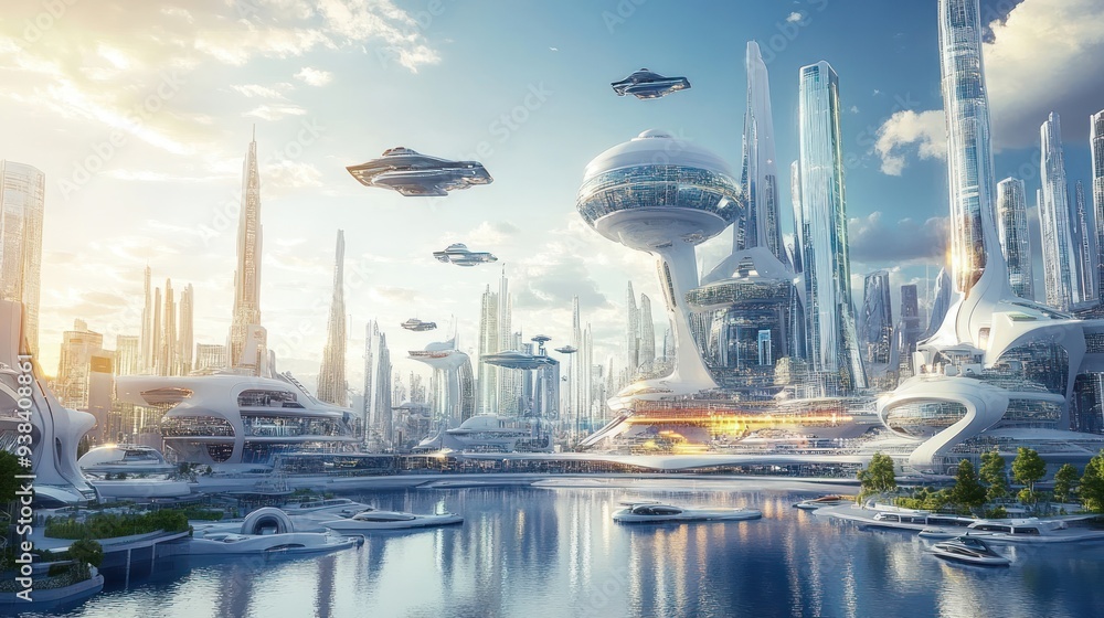 Futuristic Cityscape with Flying Vehicles Futuristic Cityscape with Flying Vehicles